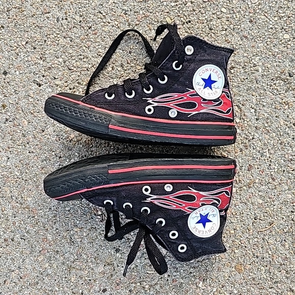 Converse Chuck Taylor Black High Top Sneakers With Red Flames Size 13 - Picture 4 of 10